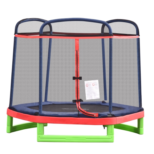 Image 1 of 9.. Outsunny 84.75" Kids Trampoline 7 FT Indoor Outdoor Trampolines with Safety Net Enclosure Built-in Zipper Padded Covering, for Boys and Girls, Red