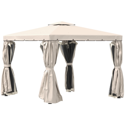 Image 1 de 9.. Tente double toit souple Outsunny pour abri jardin extérieur 10 x 10 pi, rideaux en polyester et rideaux en filet, blanc crème