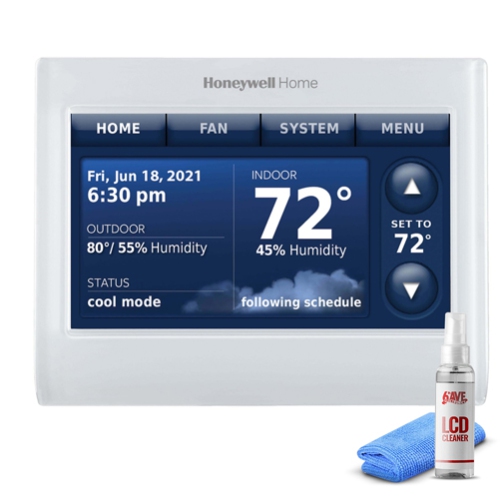 Image 1 de 5.. Thermostat à écran tactile couleur THX9421R5021WW Redlink Prestige IAQ de Honeywell avec trousse de nettoyage