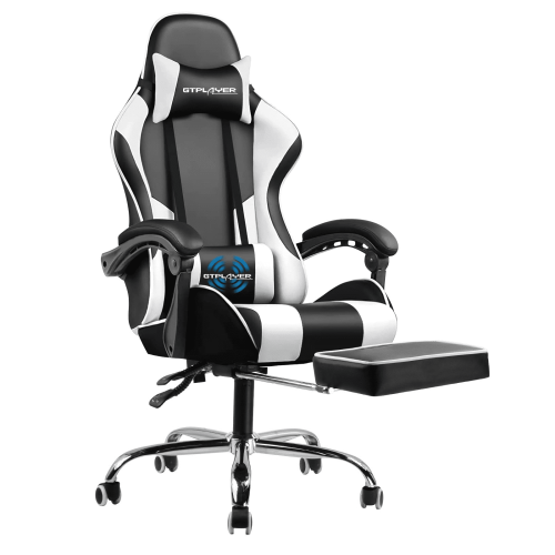 Image 1 de 7.. GTRACING Chaise de Jeu avec Repose-Pieds et Oreiller de Massage Lombaire Ergonomique Chaise de Bureau en Cuir PU, Blanc