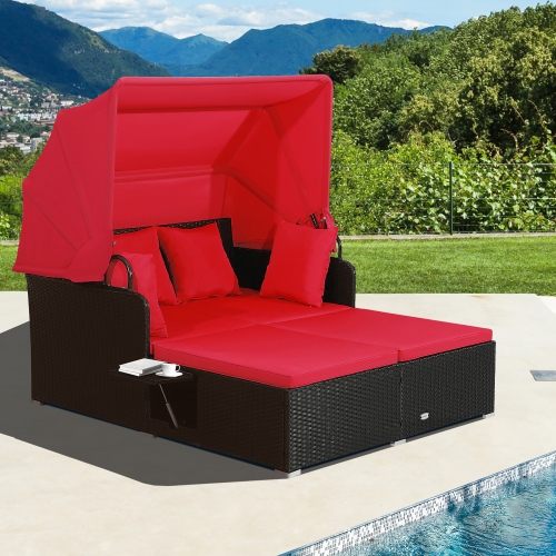 Image 1 of 10.. Costway Patio Rattan Daybed Lounge Retractable Top Canopy Side Tables Cushions