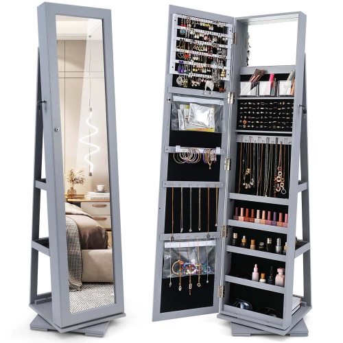 Image 1 of 9.. Costway 360degree Rotatable Jewelry Cabinet 2-in-1 Lockable Mirrored Organizer