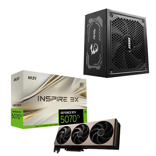 Image 1 de 10.. ENSEMBLE AVEC CARTE GRAPHIQUE GEFORCE RTX 5070 TI 16G INSPIRE 3X OC + MAG A1000GL PCIE5 DE MSI