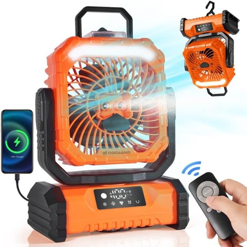 Image 1 de 5.. Ventilateur Odoland avec LED, pile 30000&nbsp;mAh, télécommande et crochet – Orange
